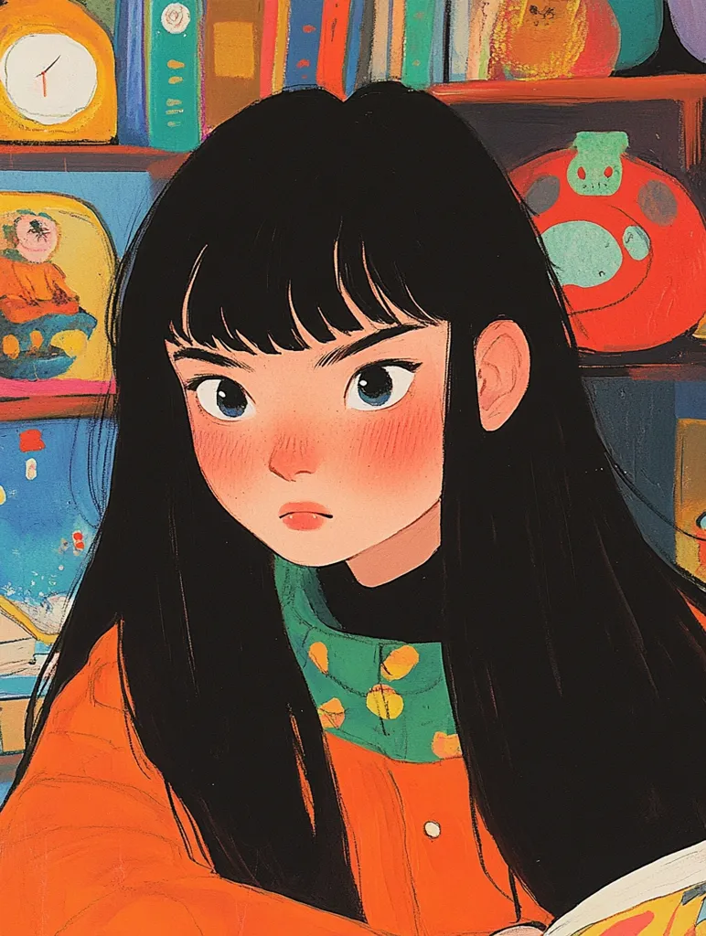 A stylized illustration of a young woman with long black hair, wearing an orange jacket and a teal, patterned collar.  Her expression is serious, almost pensive.  She's depicted against a backdrop of colorful bookshelves filled with various objects, including clocks and decorative items. The art style is vibrant and slightly whimsical, with a focus on bold colors and soft lines.