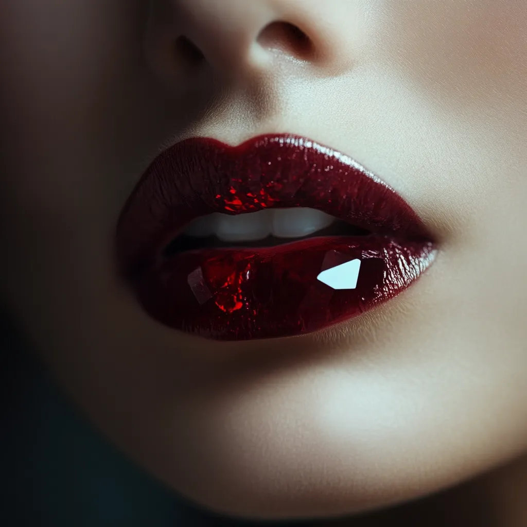 Close-up of a woman's mouth with glossy, dark red lipstick. The lips are full and luscious, with a high-shine finish.  The color is rich and intense, creating a dramatic and glamorous look.  The skin is smooth and appears flawless. The image focuses entirely on the lips, emphasizing their texture and color.