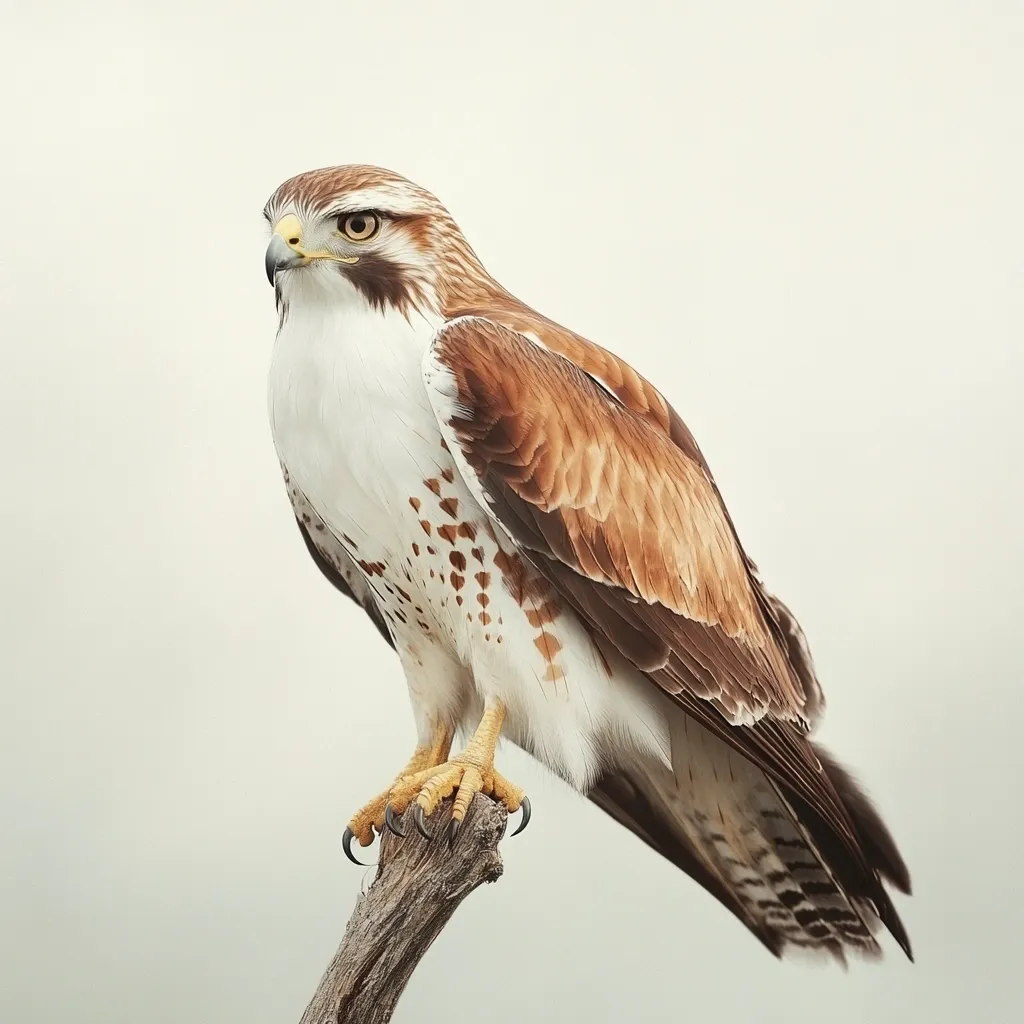 A ferruginous hawk perches on a weathered branch against a muted, light background.  Its plumage is a striking blend of rich reddish-brown on its wings and back, contrasting sharply with the white underbelly speckled with brown.  The hawk's gaze is directed to its left, its sharp talons firmly gripping the wood. The overall image is crisp and detailed, showcasing the bird's majestic presence.