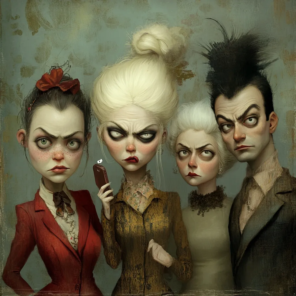 A stylized portrait depicts four individuals with exaggerated features and expressions.  A woman in red holds a phone, scowling next to a blonde woman in gold, also frowning. A woman in muted green and a man with a mohawk stand beside them, mirroring their discontent. Their attire suggests a vintage setting. The overall mood is one of shared displeasure or disdain.