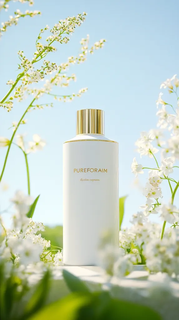 A white bottle of Pureforaim body lotion with a gold cap sits among delicate white flowers against a bright blue sky.  The scene is peaceful and evokes a feeling of freshness and purity.  The product's name is subtly displayed on the bottle. The overall aesthetic is clean, minimalist, and nature-inspired.