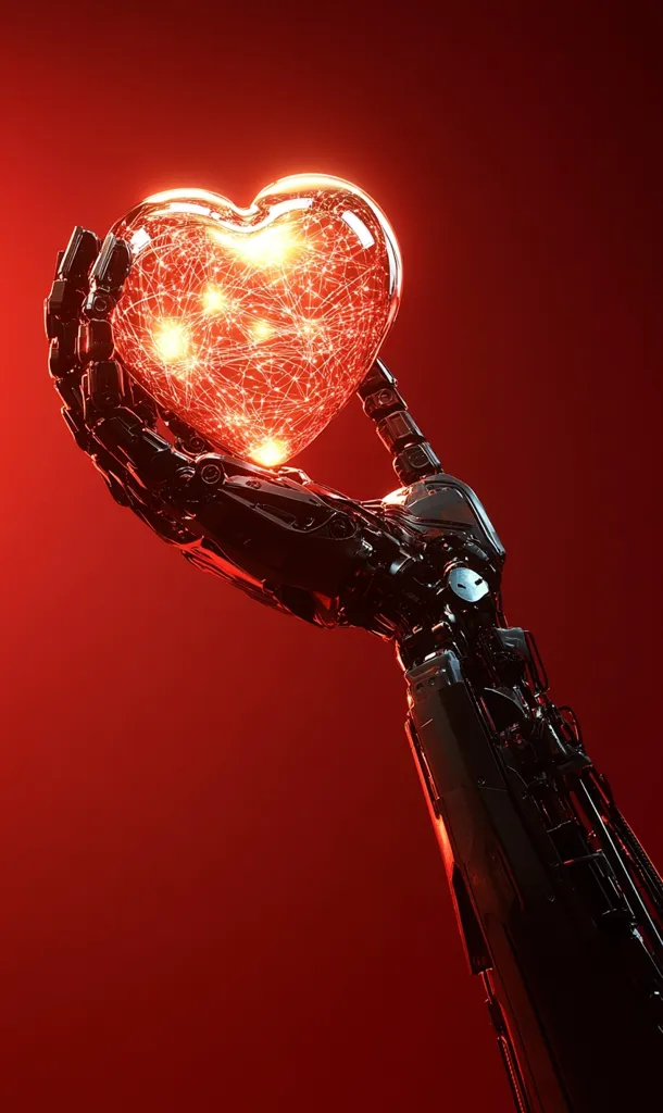 A robotic hand, meticulously detailed with metallic components, gently cradles a heart-shaped orb.  The orb glows with internal, fiery network patterns, radiating warmth against a deep red backdrop.  The image contrasts the cold, mechanical nature of the hand with the emotive power of the glowing heart, creating a striking visual metaphor.