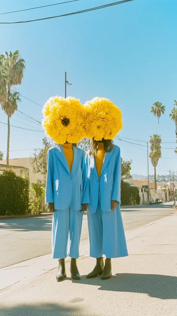 Two individuals, dressed in matching light blue suits and black ankle boots, stand on a sunny street.  Their heads are obscured by large, vibrant yellow flower arrangements resembling oversized sunflowers.  Palm trees line the street in the background, under a clear blue sky. The overall image is brightly lit and has a surreal, artistic quality.