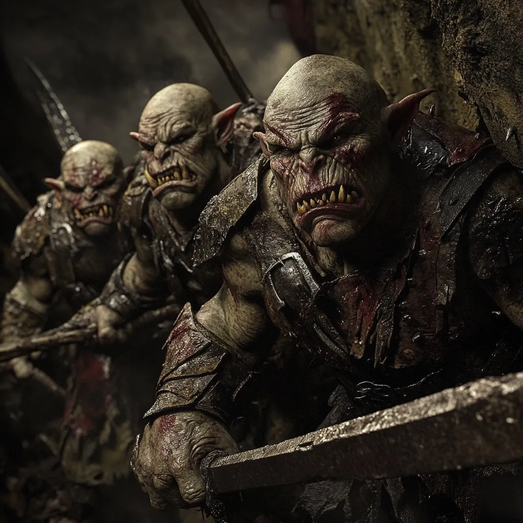Three grotesque orcs, scarred and battle-worn, advance menacingly.  Their green-grey skin is streaked with blood, and their expressions are fierce.  Clad in dark armor and wielding crude weapons, they form a terrifying front line, their pointed ears and sharp teeth adding to their intimidating presence.  The dark, gritty background emphasizes their sinister nature.
