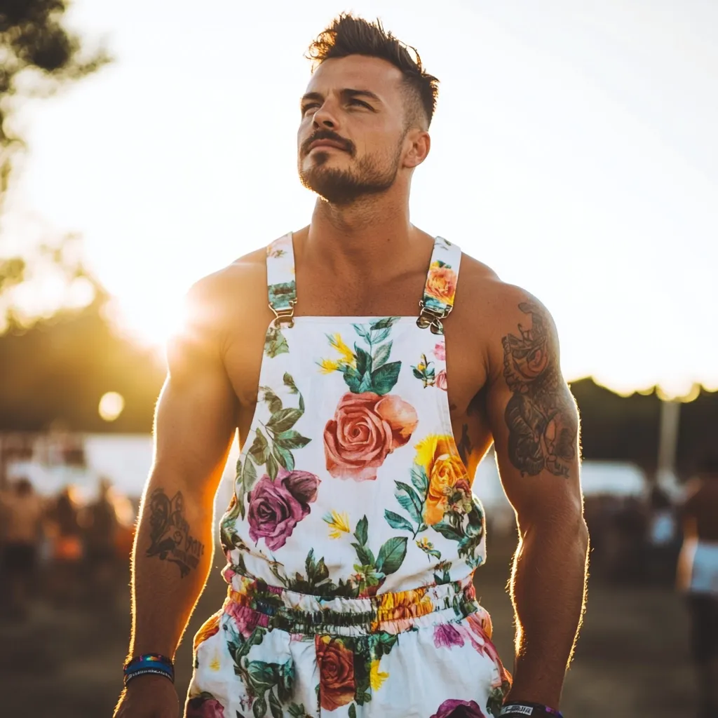 A muscular man with tattoos stands outdoors, gazing upward. He wears a white floral-print overall jumpsuit, showcasing a summery, fashionable style.  The sun's golden light illuminates him, creating a warm ambiance. The background suggests a festival or outdoor event. His expression is pensive and relaxed.