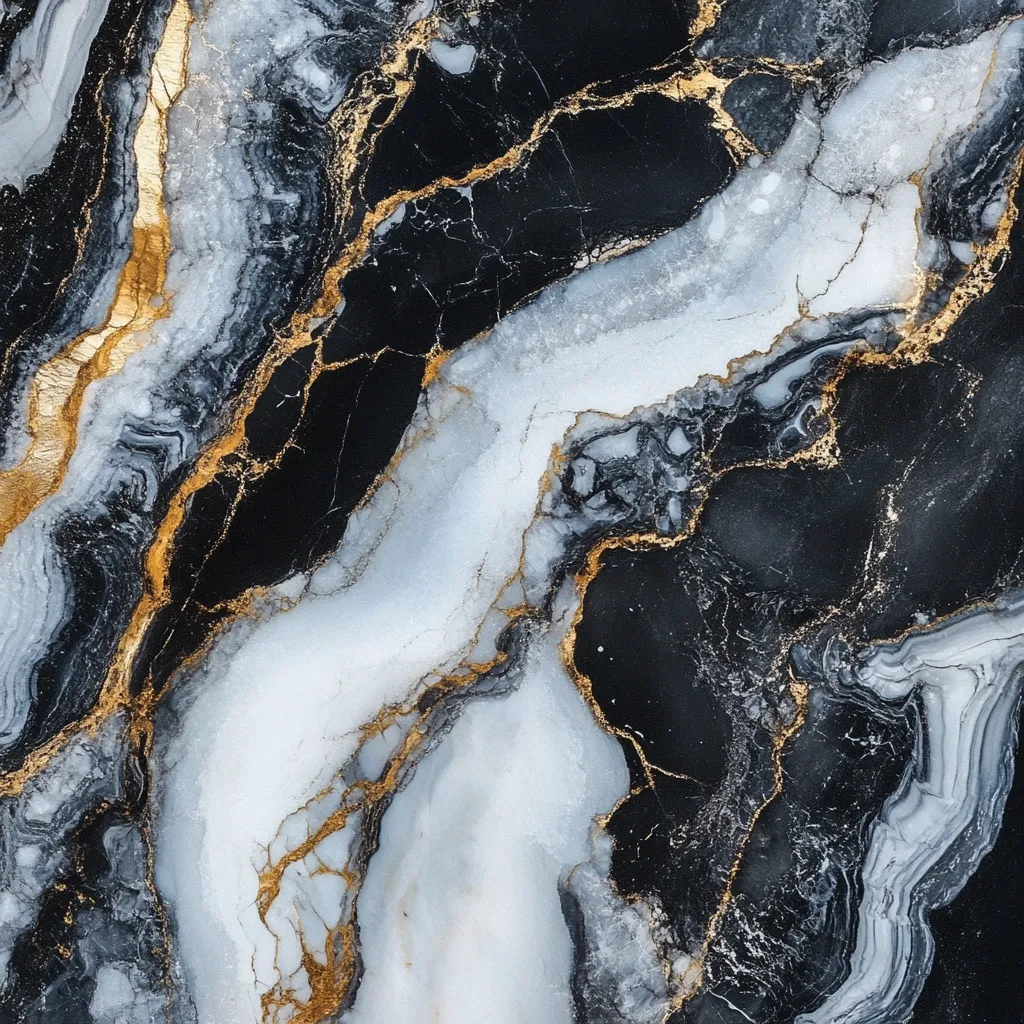 A dramatic close-up reveals a luxurious marble texture. Swirling patterns of black and white are intricately interwoven, accented by shimmering gold veins that trace the marble's contours. The contrast between the dark and light creates a striking visual effect, enhanced by the metallic gleam of the gold.  The image evokes a sense of opulence and sophistication.