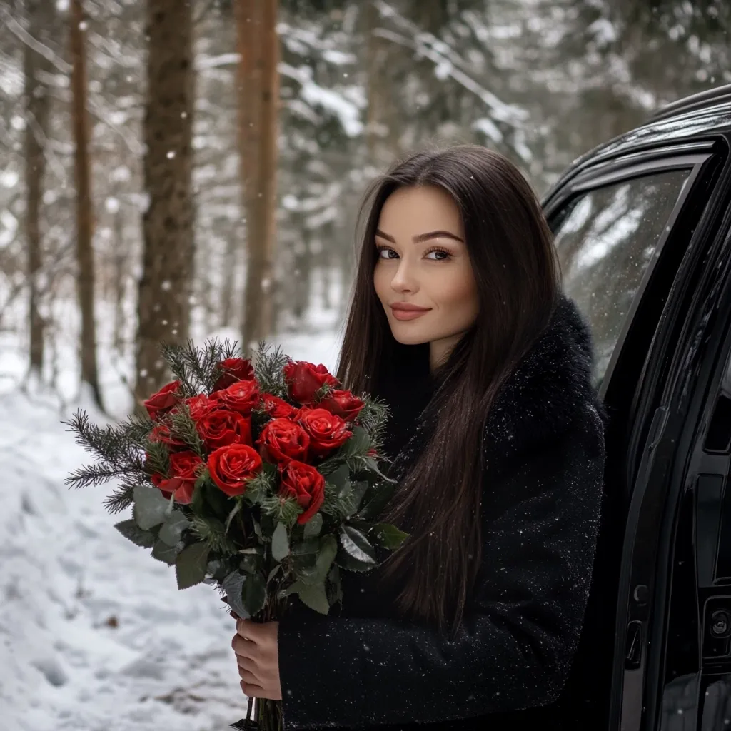 A young woman with long dark hair stands in a snowy forest, holding a bouquet of vibrant red roses. She is elegantly dressed in a black fur-trimmed coat, and a black car is partially visible in the background.  Snow gently falls, creating a romantic and wintry scene.  Her expression is pleasant and she appears to be waiting or about to enter the vehicle.