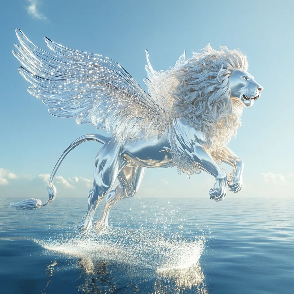A majestic, silver griffin, a mythical creature with the body of a lion and the wings of an eagle, soars gracefully over a calm ocean.  Its wings shimmer with embedded crystals, catching the light. The lion's mane flows dramatically, adding to its ethereal beauty. The creature's powerful legs create a splash as it touches down on the water's surface. The scene is peaceful and fantastical, set against a clear, blue sky.