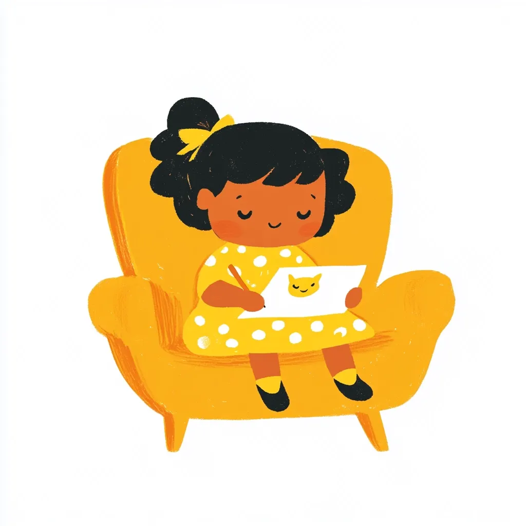 A young girl with dark hair and a yellow polka-dot dress sits in a mustard-yellow armchair.  She's intently drawing a picture of a cat on a piece of white paper, holding a pencil in her hand.  Her expression is serene and focused. The illustration style is simple and cheerful, with bold colors and rounded shapes.