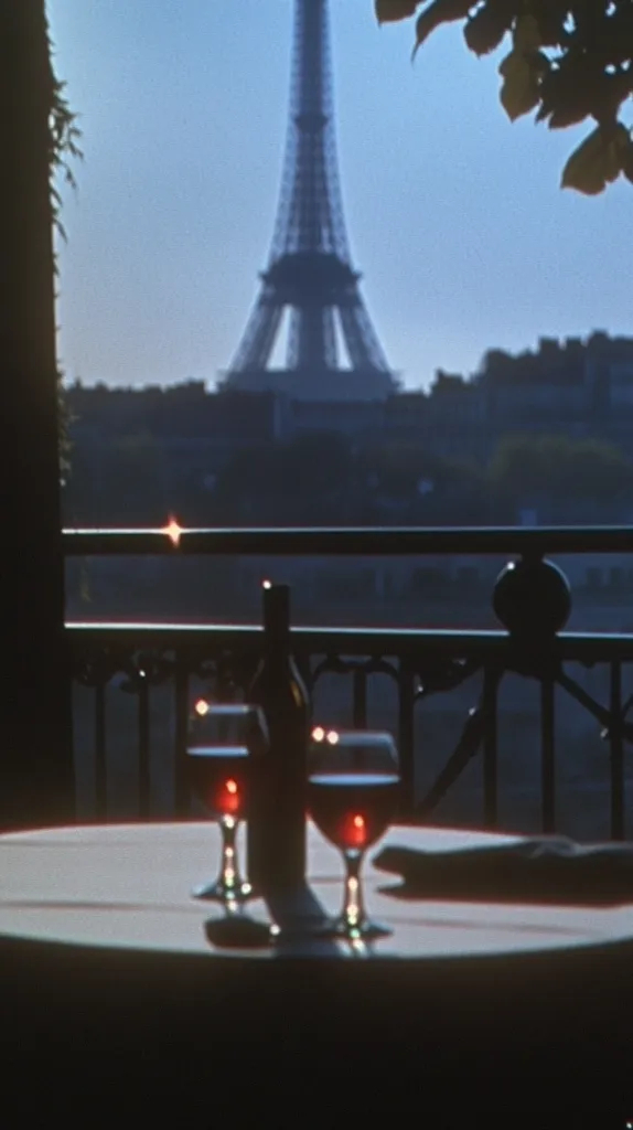 A romantic Parisian scene unfolds.  Two glasses of red wine sit on a table overlooking a balcony, with the Eiffel Tower softly blurred in the background.  The setting sun casts a warm glow. A bottle of wine rests between the glasses. The overall mood is serene and intimate, capturing the essence of a Parisian evening.