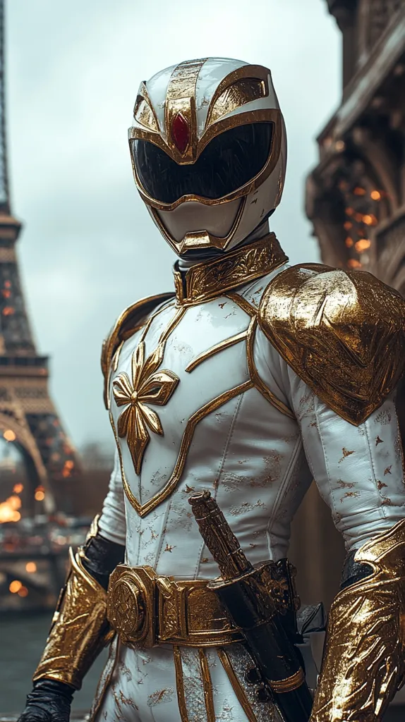 A cosplayer, impeccably dressed as the White Ranger, stands against a Parisian backdrop. The intricate, gold-accented white suit is detailed, mirroring the character's design.  The helmet is pristine, and a sword is sheathed at the hip.  The Eiffel Tower is subtly visible in the background, enhancing the image's dramatic composition. The overall effect is one of regal power and fantastical realism.