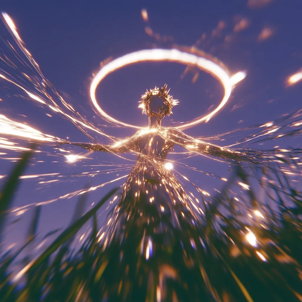 A radiant, ethereal figure, seemingly composed of light and metallic threads, stands amidst tall grass under a twilight sky.  A luminous halo encircles its head.  The figure's arms are outstretched, and streaks of light emanate from its form, creating a dynamic, otherworldly scene. The overall aesthetic is surreal and dreamlike.