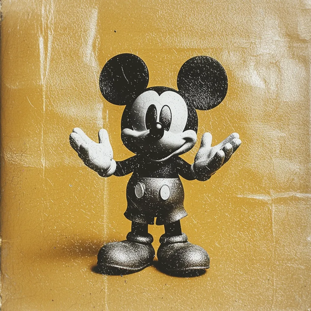 A stylized image of Mickey Mouse rendered in grayscale on a textured, mustard-yellow background. Mickey is depicted in a classic pose, arms outstretched, his iconic features sharply defined against the vintage-looking backdrop.  The texture suggests age and wear, contributing to a nostalgic, almost antique aesthetic.  The overall effect is a blend of classic cartoon charm and aged artistry.