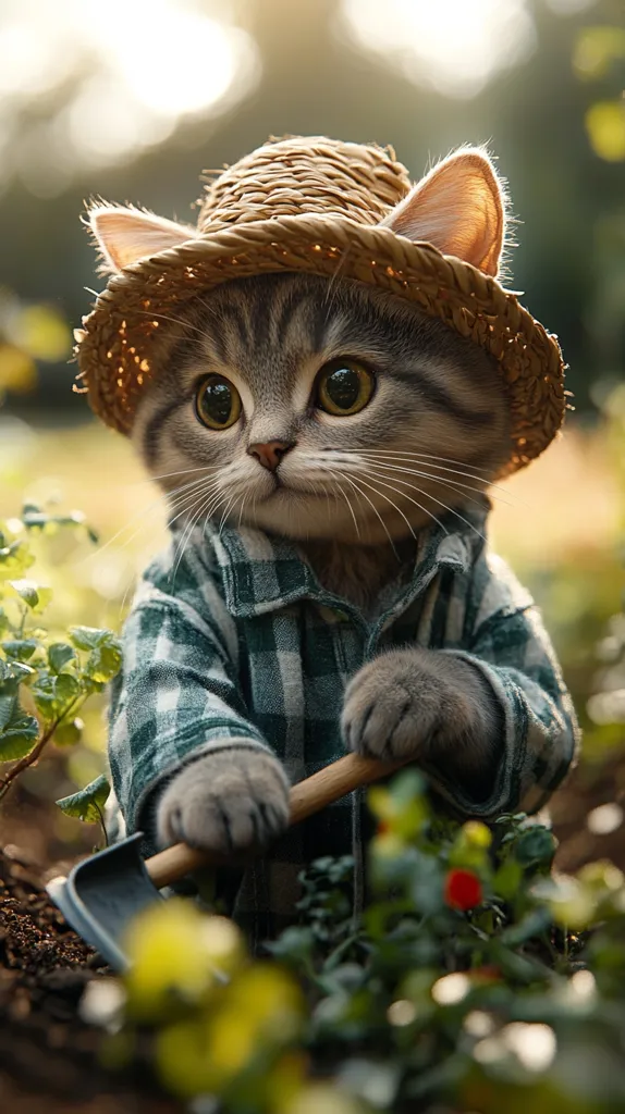An adorable gray tabby kitten, wearing a straw hat and green plaid shirt, diligently uses a small shovel to tend to a garden.  Its large, expressive eyes gaze thoughtfully ahead.  The scene is bathed in soft, sun-dappled light, enhancing the overall charming and whimsical atmosphere. The kitten appears focused on its gardening task amidst lush greenery.