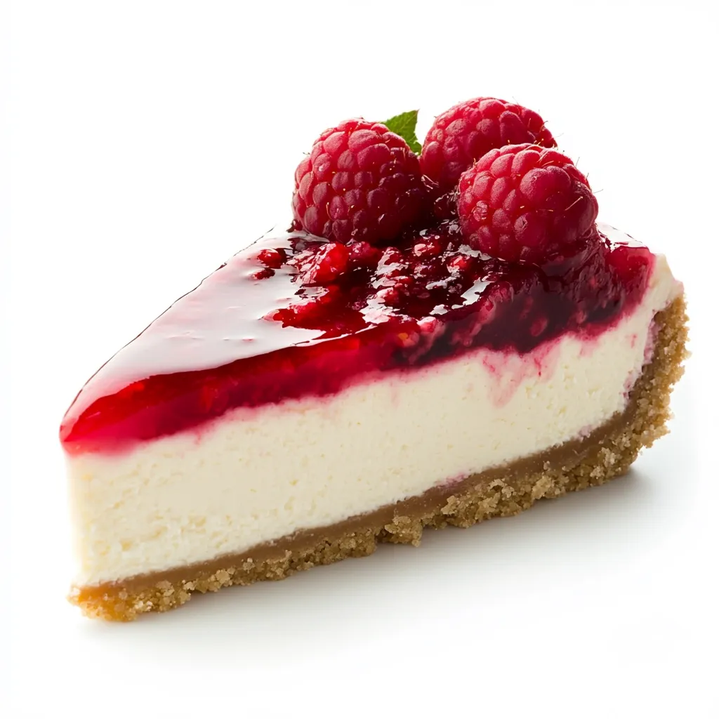 A slice of creamy cheesecake is topped with a glistening raspberry sauce and fresh raspberries.  The cheesecake has a graham cracker crust, and the vibrant red sauce contrasts beautifully with the pale, smooth interior. The dessert is presented on a white background, highlighting its rich texture and appetizing appearance.
