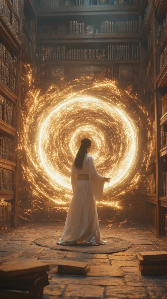 A person in a flowing white robe stands before a swirling, golden portal of light.  The portal is situated within a grand, ancient library filled with towering bookshelves overflowing with volumes. The scene is dramatically lit, emphasizing the ethereal glow of the portal and the figure's contemplative pose.  Stacks of old books lie scattered on the stone floor.  The overall atmosphere is mystical and awe-inspiring.
