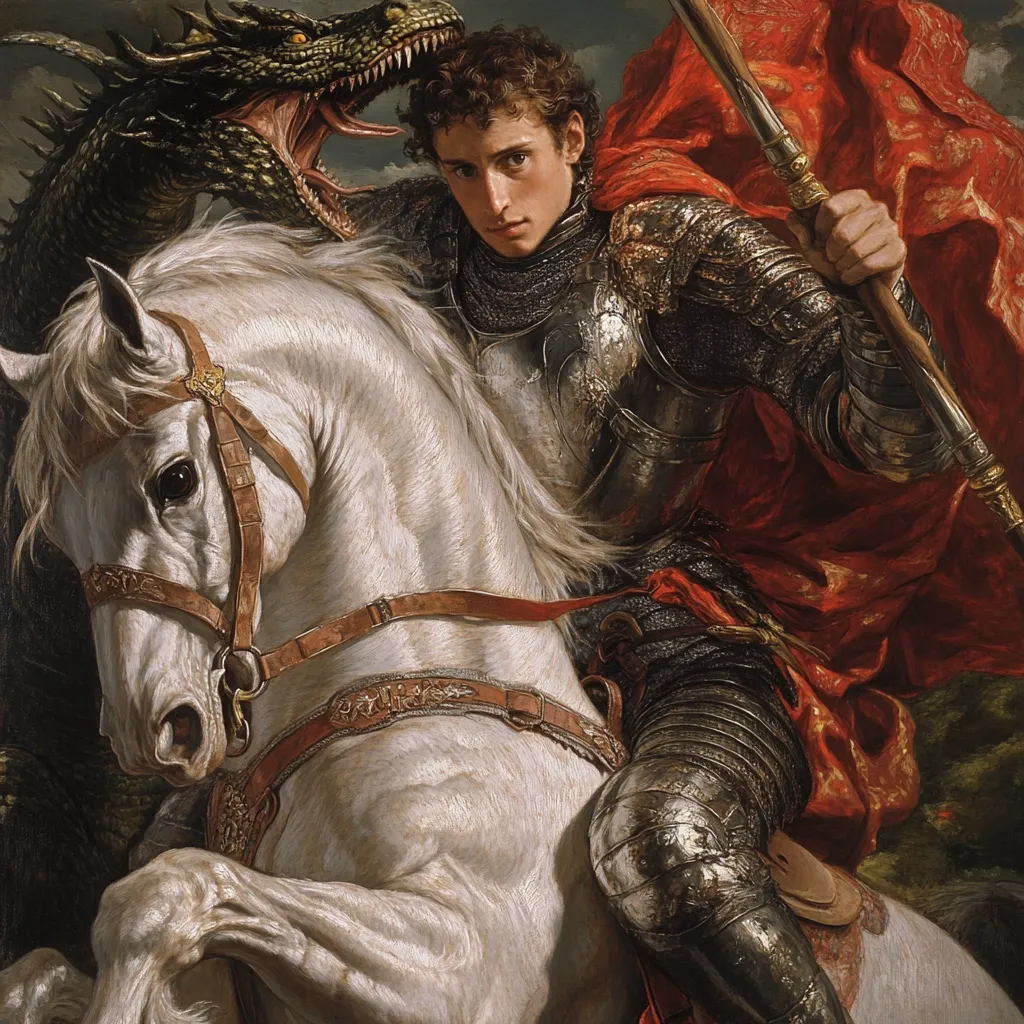 A knight in shining armor, astride a magnificent white horse, bravely confronts a menacing dragon.  The knight, with determined expression, wields a spear, his red cloak billowing dramatically. The scene is painted with meticulous detail, highlighting the textures of the armor, the horse's muscles, and the dragon's scales, creating a dynamic and powerful image of a classic battle between good and evil.