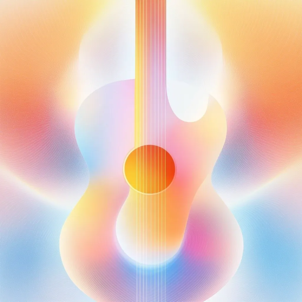 A stylized acoustic guitar is depicted in a vibrant, pastel color palette.  The image features a fluid, abstract design, with soft, flowing lines and gradients of orange, pink, and blue. The guitar's body is rendered in a smooth, almost liquid form, contrasting with the crisp lines of the strings and soundhole. The overall effect is one of dreamy, ethereal beauty.