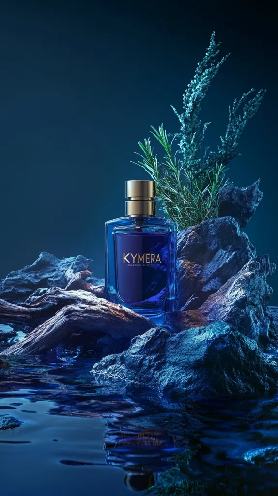 A dark blue perfume bottle, labeled "KYMERA," rests on dark blue rocks amidst sprigs of rosemary and other greenery.  The scene is dramatically lit, with the bottle reflecting in the dark, still water below. The overall aesthetic is moody and luxurious, emphasizing the perfume's sophisticated image. The rocks and water create a natural, almost mystical setting.
