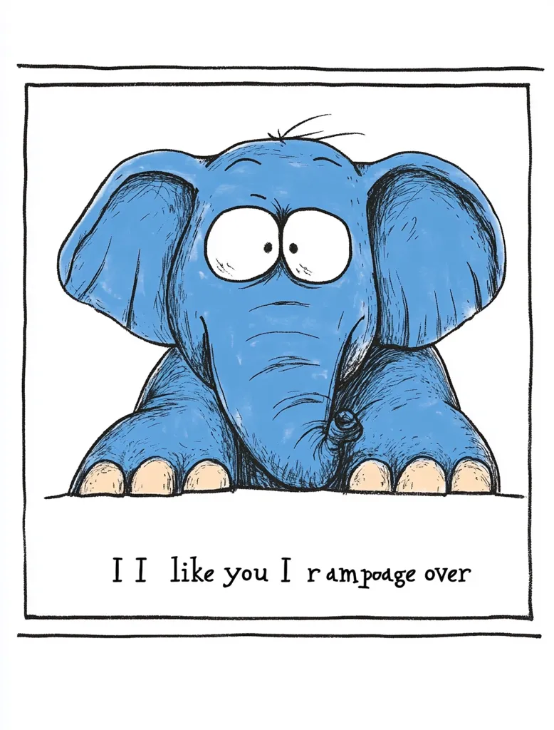 A cartoon illustration of a large-eyed, light-blue elephant peering over a white surface.  The elephant's expression is sweet and slightly mischievous. Below the elephant, the text reads, "I I like you I rampage over," a playful and slightly contradictory statement. The overall style is whimsical and charming.