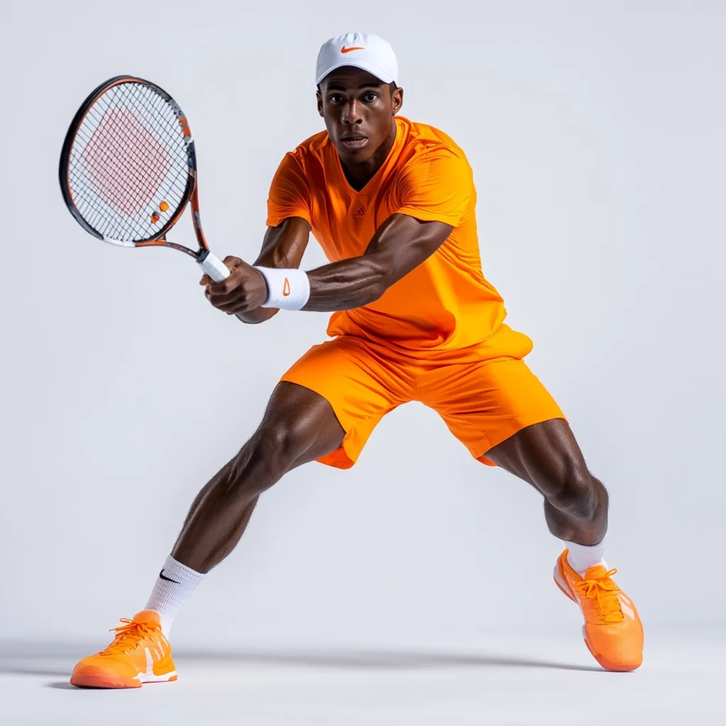 A male tennis player, wearing an orange Nike outfit and white cap, dynamically swings his racket.  His powerful stance and focused expression suggest intense concentration during a match.  The bright orange of his clothing contrasts sharply against the plain grey background, making him the focal point of the image.  His athletic physique and the sharpness of the image highlight his skill and readiness.