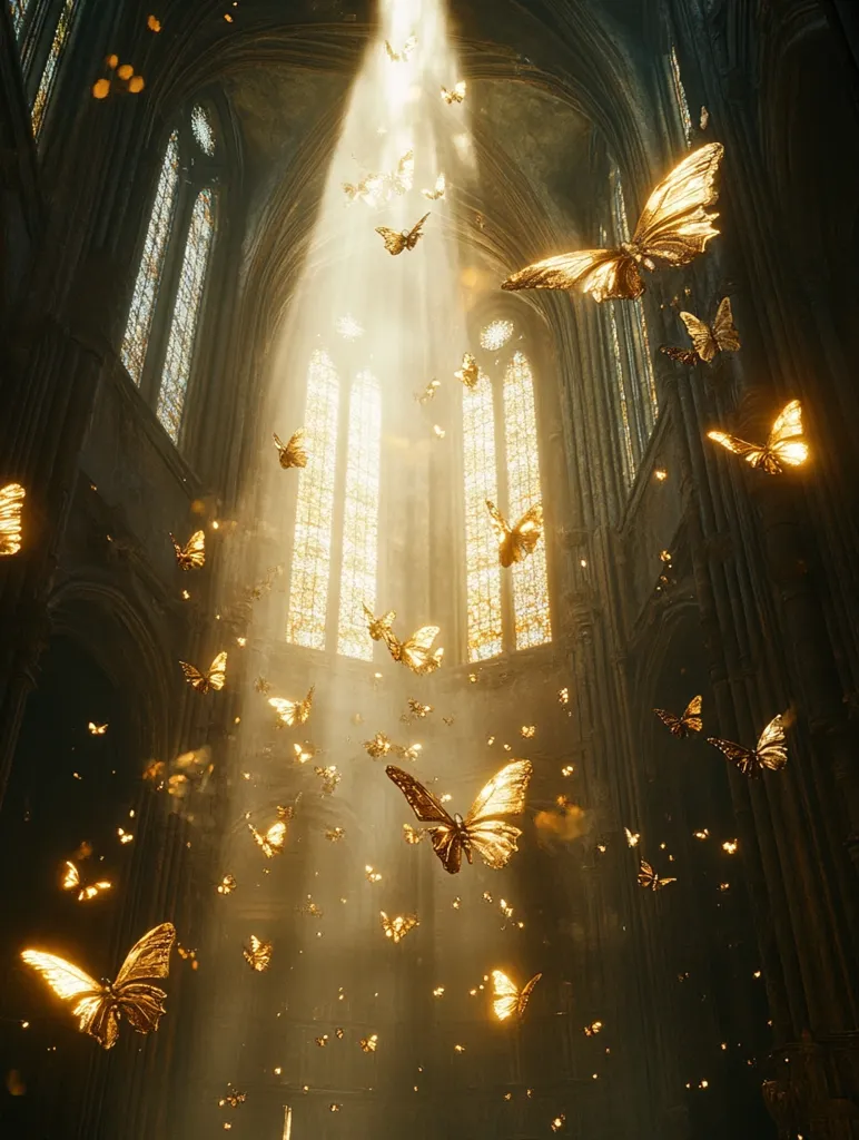 Golden butterflies fill a majestic Gothic cathedral, bathed in ethereal sunlight streaming through stained-glass windows.  The scene is dreamlike and serene, the butterflies appearing to dance and float in the hallowed space.  The contrast between the ancient architecture and the delicate insects creates a captivating, magical atmosphere.