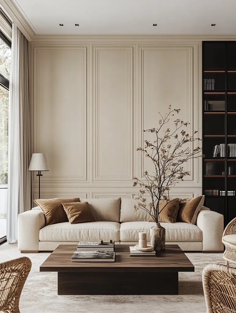 A modern living room features a beige sofa with brown throw pillows, centered on a neutral rug.  A large, low coffee table made of dark wood sits before it.  A tall, slender floor lamp stands to the left, and a dark bookcase is partially visible to the right.  The walls are paneled in a light beige, creating a sophisticated and calming atmosphere.  Dried floral branches in a vase add a touch of natural texture.  Wicker chairs flank the seating area, completing the stylish, minimalist design.