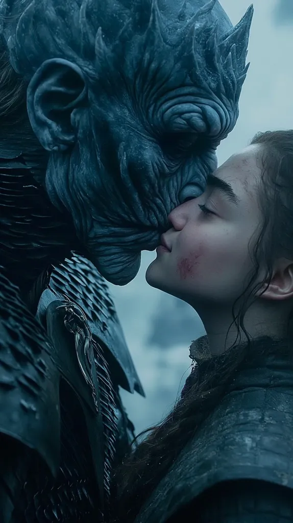 A poignant scene from Game of Thrones depicts a close-up of the Night King and Daenerys Targaryen.  Their faces are inches apart, almost touching in a tender moment, their foreheads nearly meeting. The Night King’s icy, formidable visage contrasts sharply with Daenerys’s more delicate features, bearing a few faint scratches. The dark, moody atmosphere enhances the dramatic tension of their intimate encounter.