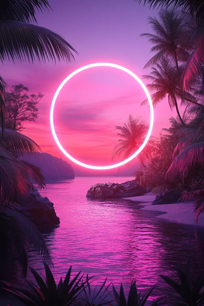 A vibrant pink sunset casts a surreal glow over a tranquil tropical beach scene.  Palm trees frame a glowing neon pink circle in the sky above calm, pink-hued water.  Dark silhouettes of rocks and lush vegetation add depth to the idyllic, almost otherworldly, coastal paradise. The overall aesthetic is dreamy and slightly futuristic.