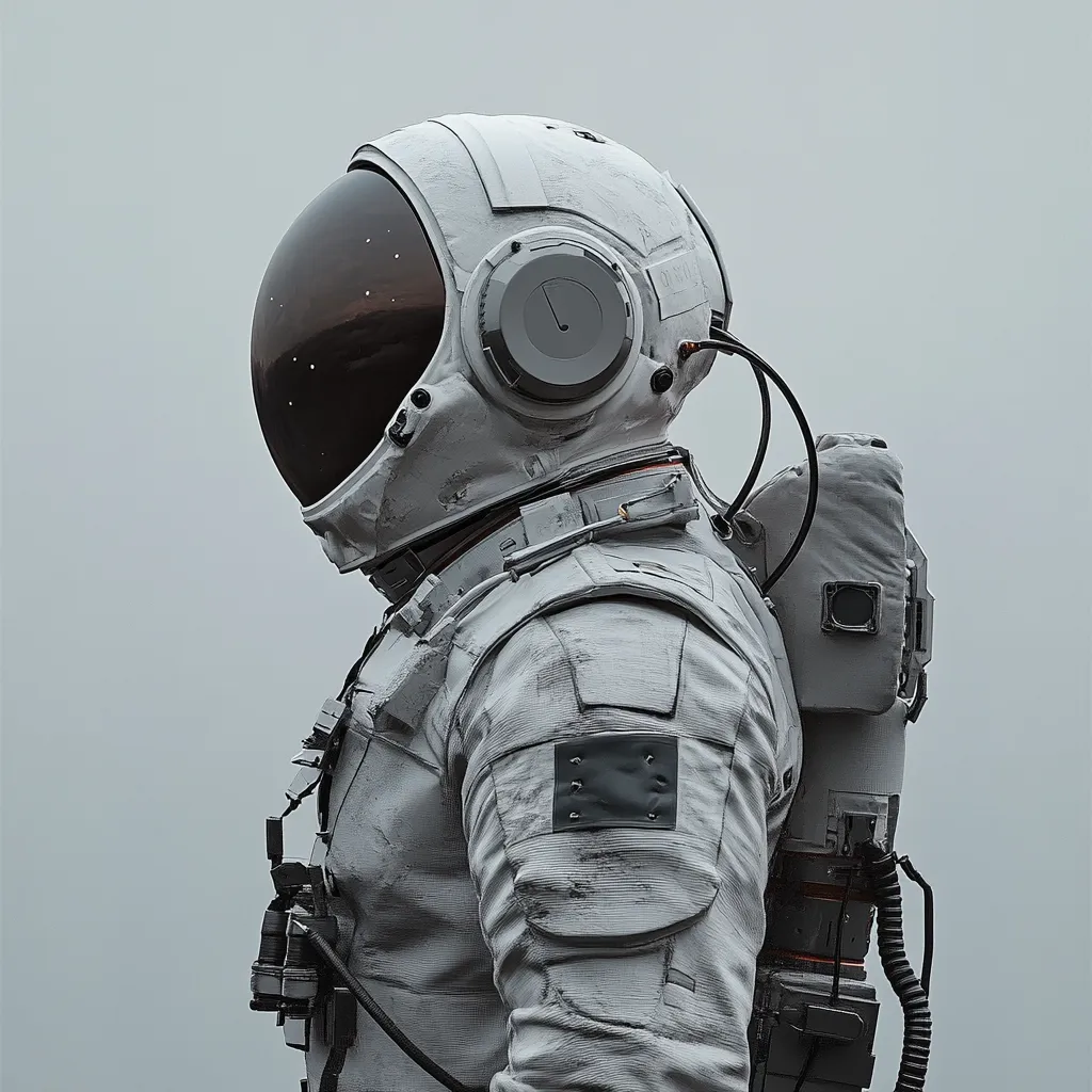 A weathered astronaut, clad in a worn white spacesuit, stands against a muted gray backdrop.  The suit shows signs of wear and tear, with visible patches and scuffs. The helmet's dark visor reflects a faint, possibly celestial, glow.  The astronaut's profile is visible, suggesting contemplation or observation.  The overall aesthetic is one of solitude and a sense of vastness.