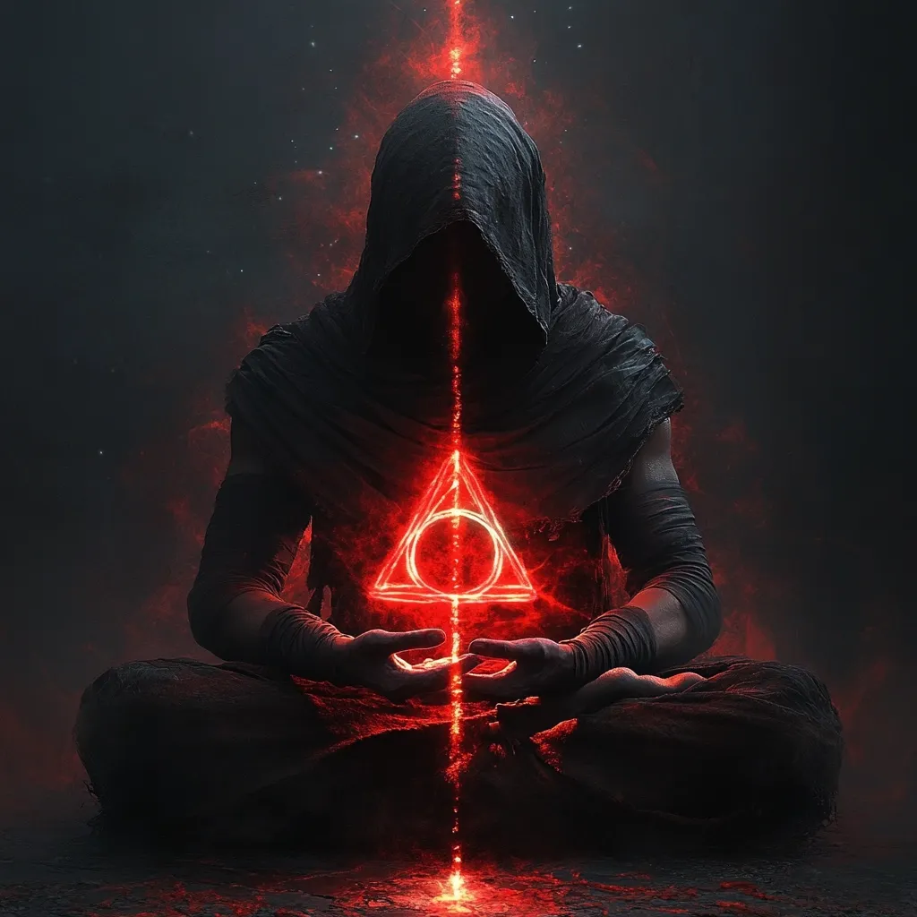 A hooded figure, cloaked in dark robes, sits in a meditative pose.  A fiery red line ascends from the ground, culminating in a glowing, triangular symbol containing a circle at its center. The scene is dark and dramatic, suggesting mystical or occult themes. The overall atmosphere is one of intense power and mystery.