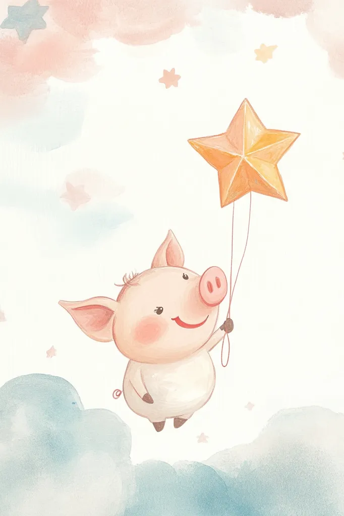 A charming illustration depicts a cheerful piglet soaring through a pastel sky.  The pig, rendered in soft watercolor tones, holds a string attached to a large, golden star-shaped balloon.  Small stars and fluffy clouds create a whimsical, dreamy atmosphere. The overall style is cute and gentle, perfect for children's books or decor.