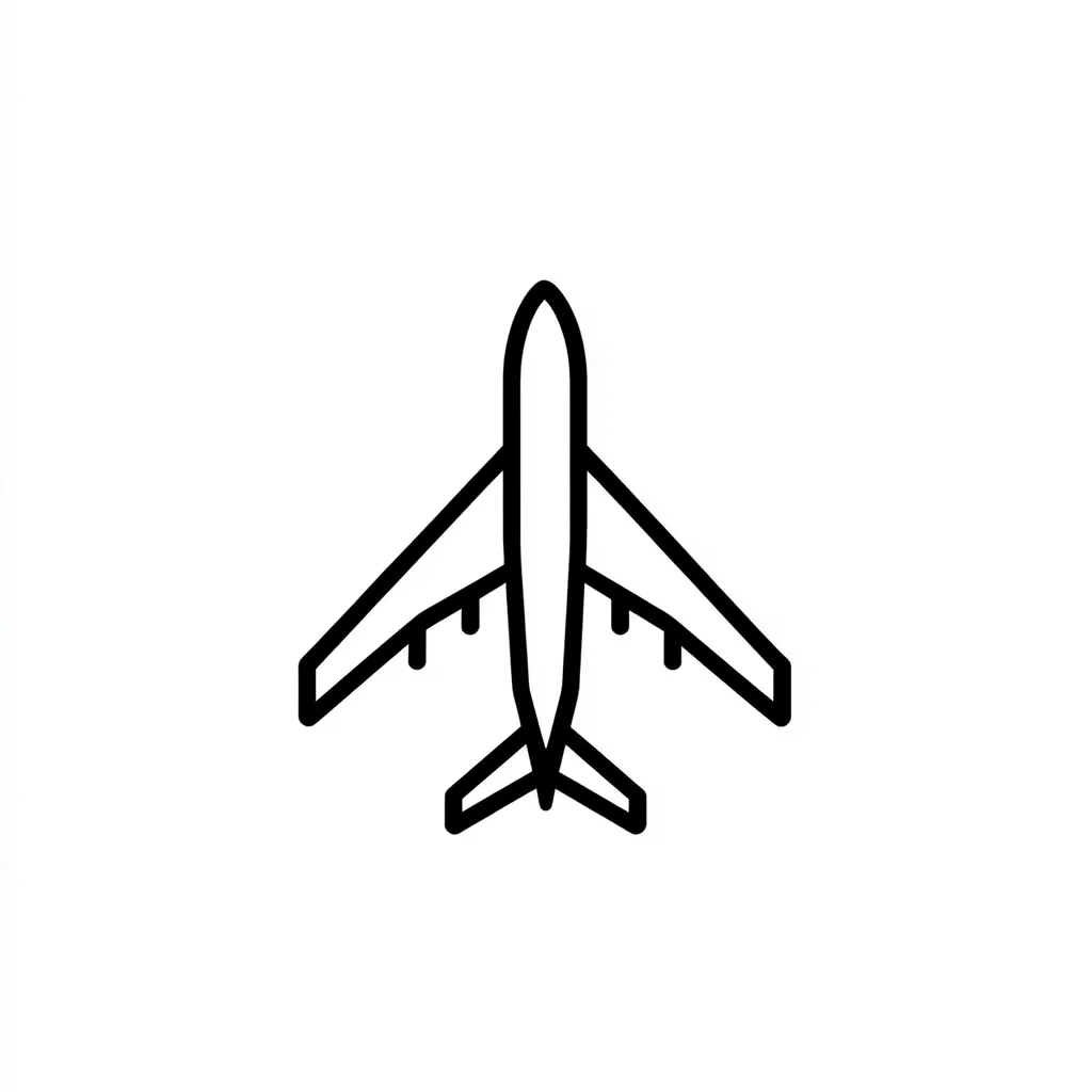 The image shows a simple line drawing of an airplane viewed from above.  The plane is depicted with a central fuselage and two wings extending outwards, along with a tail section.  The style is minimalist, using bold black lines on a white background.  It's a common symbol used to represent air travel or aviation.