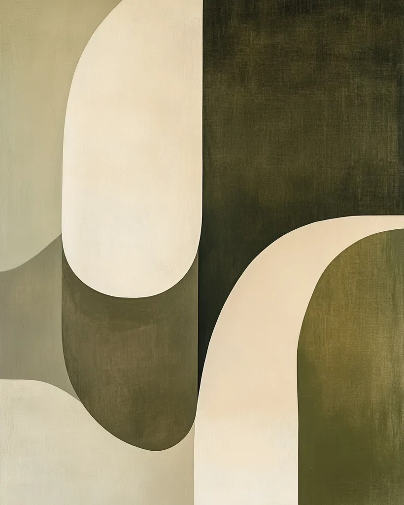 The abstract painting showcases a harmonious blend of off-white and olive-green hues.  Curved shapes, reminiscent of flowing forms or organic structures, dominate the composition.  The interplay of light and shadow within the curves creates a sense of depth and movement across the canvas's surface.  The overall effect is one of serene elegance and subtle dynamism.