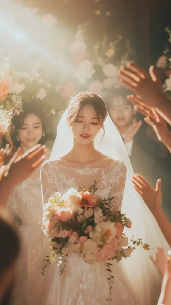 A bride in a long-sleeved lace wedding gown stands serenely, holding a large bouquet of blush and cream flowers.  Sunlight streams through the scene, illuminating her veil and the floral backdrop.  Two bridesmaids stand behind her, partially visible, as hands reach out from the sides, adding a touch of movement and warmth to the image. The overall atmosphere is romantic and ethereal.