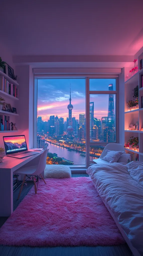 A bedroom with a stunning view of Shanghai's skyline at twilight.  Pink fluffy rug, white bed, and a minimalist white desk with a laptop complete the aesthetic.  Bookshelves flank the large window, adding to the room's serene and stylish atmosphere.  Soft purple and pink lighting enhances the dreamy ambiance.