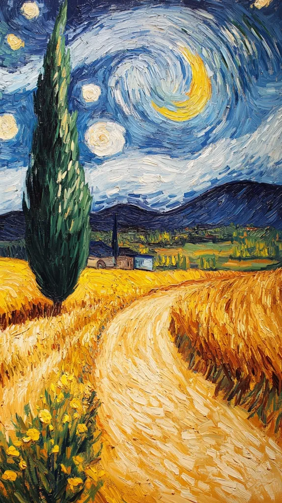 A vibrant oil painting captures a winding road through a golden wheat field under a swirling night sky.  A lone cypress tree stands tall to the left, while a crescent moon and stars illuminate the scene.  The impasto style, reminiscent of Van Gogh, uses thick brushstrokes to create texture and movement, evoking a sense of tranquility and vastness.  A distant village adds depth to the landscape.