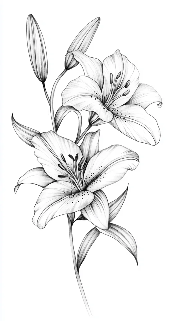 A detailed pencil sketch showcases two lilies in exquisite detail.  The lilies, rendered in grayscale, exhibit delicate petals and intricate stamens.  The artist captures the subtle shading and texture of the flowers and leaves, creating a striking botanical illustration.  A closed bud adds to the composition's elegance. The overall effect is one of refined beauty and natural grace.