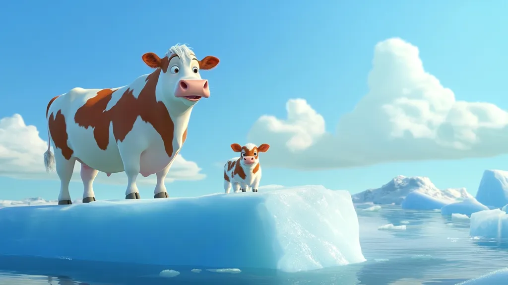 A large, brown and white cow and a smaller calf stand on a small iceberg in a calm sea.  Other icebergs are visible in the distance under a bright blue sky with fluffy white clouds.  The cows appear cartoonish and friendly, set against a serene yet somewhat desolate arctic landscape.