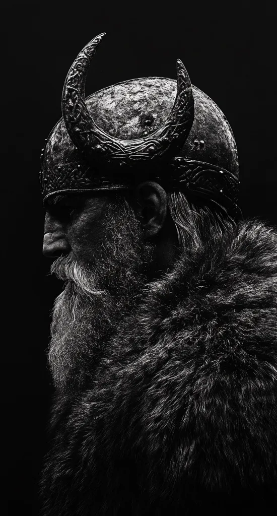 A black and white profile shot of an elderly man with a long, flowing white beard, wearing a horned Viking helmet and a thick fur cloak. The image is dark and dramatic, highlighting the texture of the fur and the intricate details of the helmet.  His gaze is directed to the side, conveying a sense of strength and contemplation.