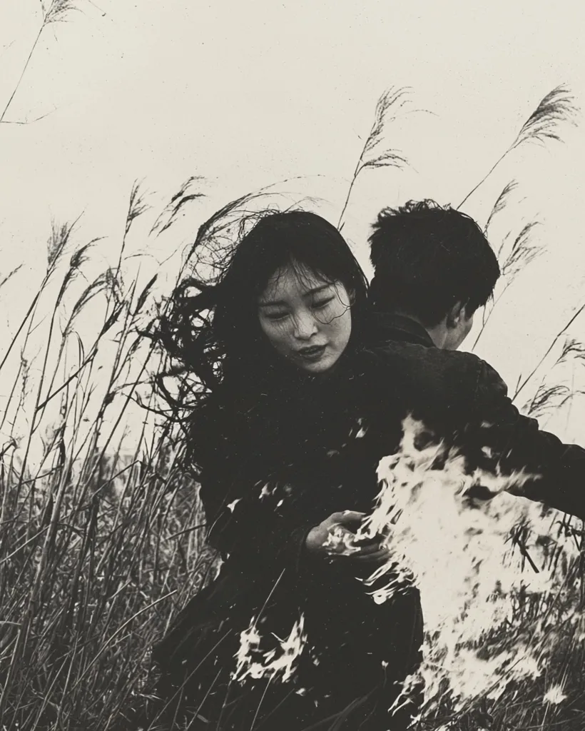A black and white photograph depicts a young woman with windswept hair, her face partially obscured, embracing a man from behind in a field of tall grasses.  A ghostly, ethereal flame seems to emanate from their clasped hands, adding a surreal and dramatic quality to the scene. The overall mood is intense and evocative, suggesting a moment of passion or struggle.