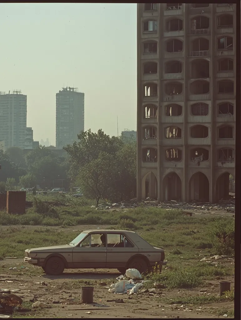 A tan car sits in a desolate, debris-strewn lot.  In the background, a large, damaged apartment building stands, its many windows empty and dark.  Other, less damaged high-rise buildings are visible in the distance, under a hazy sky. The scene suggests urban decay or a post-conflict environment.  The overall tone is one of emptiness and neglect.