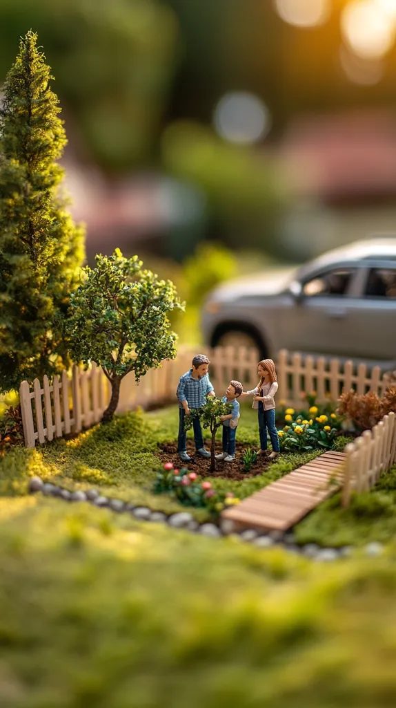 A miniature family plants a small tree in their meticulously crafted garden.  Surrounded by tiny trees, a white picket fence, and a wooden pathway, the scene is idyllic and peaceful.  A blurred car is visible in the background, suggesting a suburban setting.  The overall effect is charming and evocative of family life and environmental consciousness.