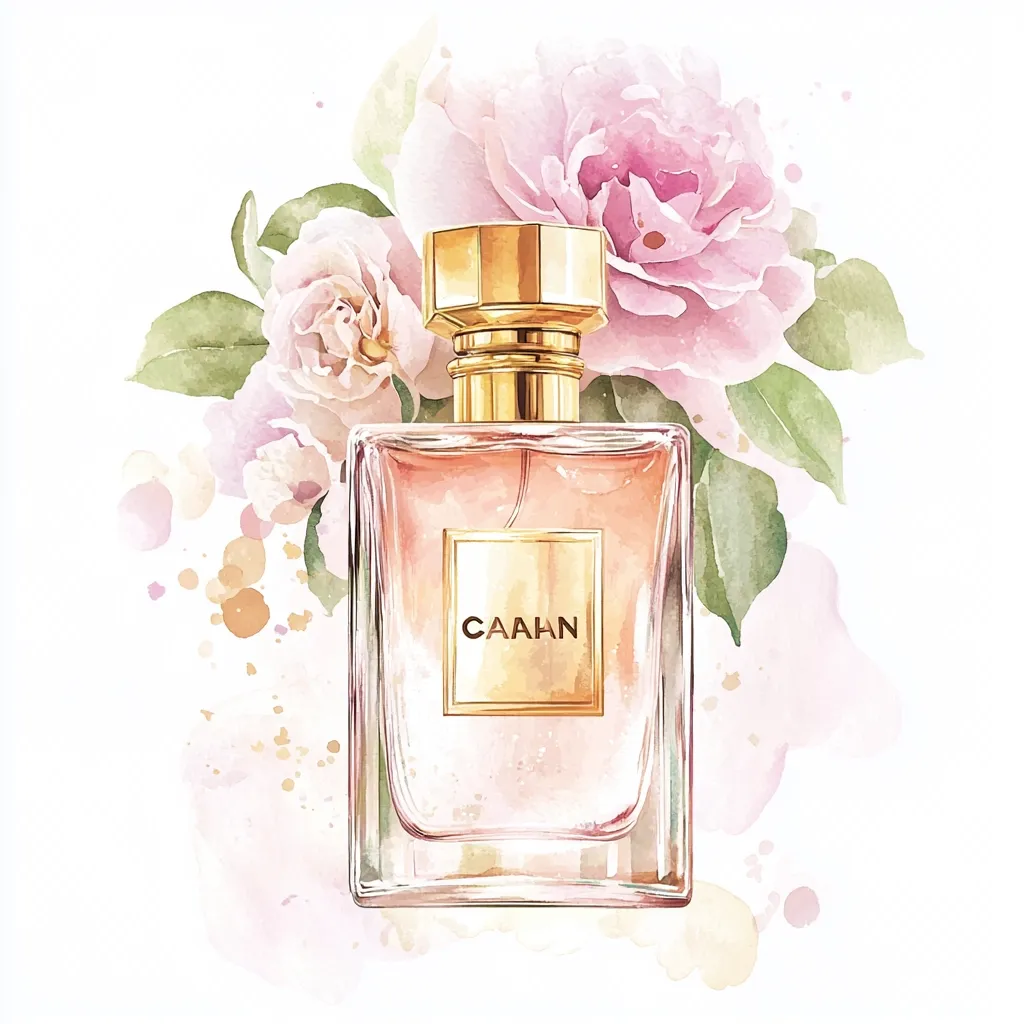A watercolor painting showcases a bottle of CAAHAN perfume.  The bottle is rectangular with a gold cap and sits amongst a delicate arrangement of light pink roses and green leaves.  A soft, blush-toned watercolor wash creates a romantic and elegant atmosphere. The overall style is feminine and luxurious.