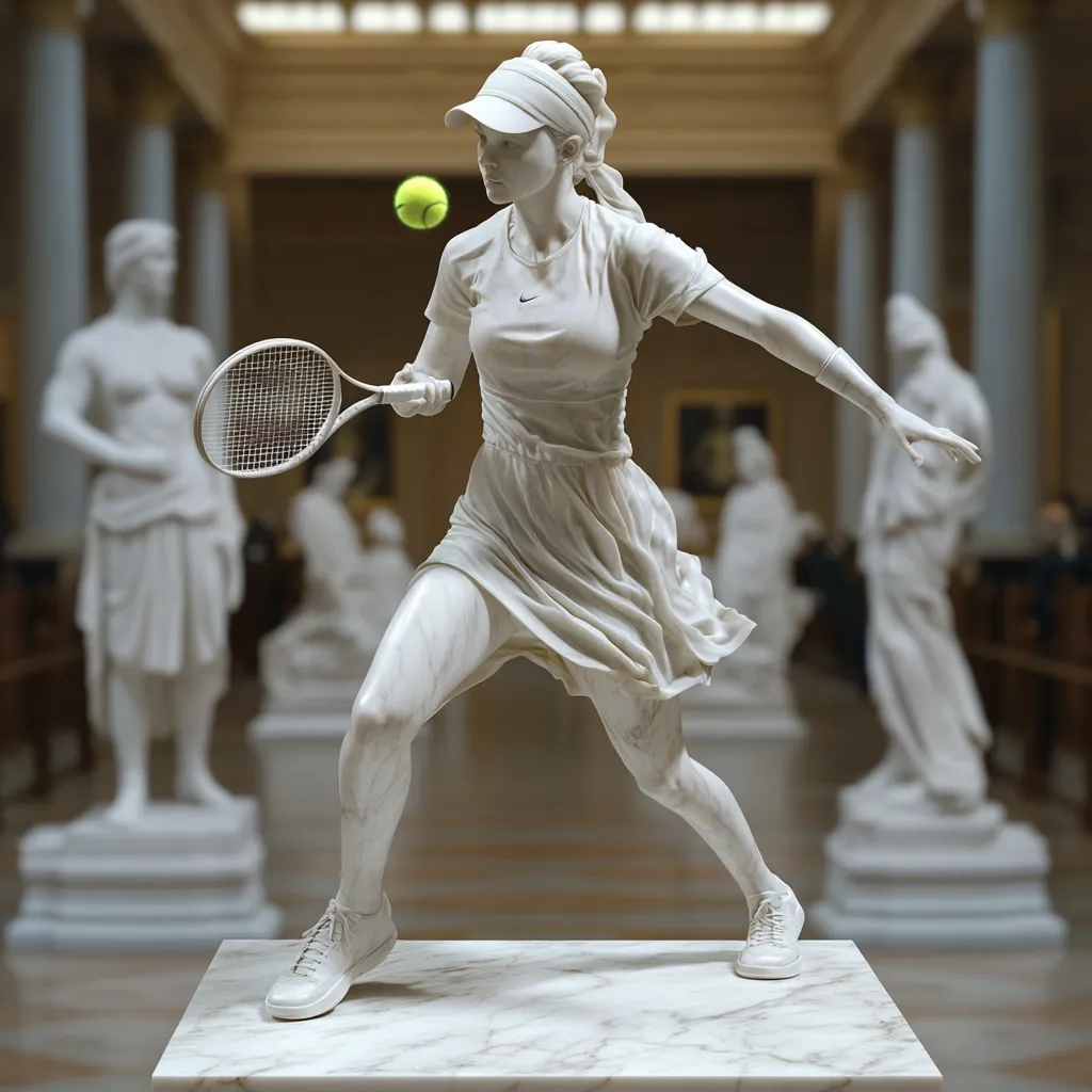 A marble statue of a female tennis player, depicted mid-serve, stands on a pedestal in a classical hall.  The statue, wearing a tennis skirt and visor, dynamically captures the athlete's motion. A tennis ball is suspended in mid-air near her racket.  Classical statues form a blurred backdrop, contrasting the modern athleticism of the centerpiece. The overall effect is a striking juxtaposition of classical and contemporary aesthetics.