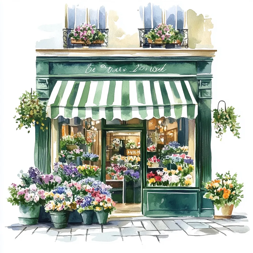 A charming watercolor painting depicts a Parisian flower shop.  The green building features a striped awning, overflowing window boxes, and potted flowers lining the storefront.  The shop's name, "Le Fleur Dorée," is subtly inscribed above the awning.  Vibrant blooms in various colors and arrangements fill the windows and spill onto the sidewalk, creating a picturesque and inviting scene.
