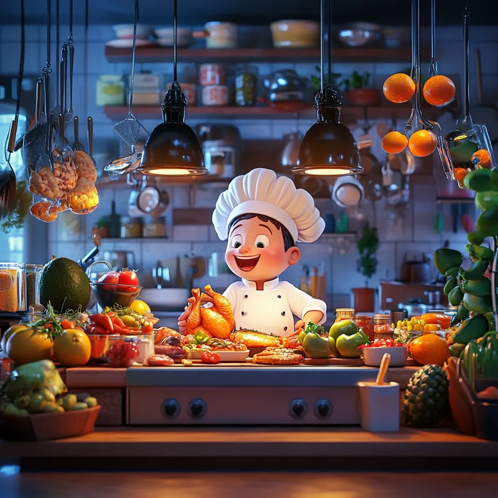 A cheerful cartoon chef, wearing a white toque and chef's jacket, proudly presents a roasted chicken in a vibrant kitchen.  The counter is laden with an array of colorful fruits, vegetables, and prepared dishes, creating a scene of culinary abundance.  Warm lighting illuminates the scene, enhancing the playful atmosphere of the image.  Hanging utensils and fruit add to the charming kitchen setting.