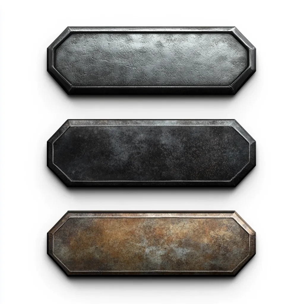 Three rectangular metal plates, each with a slightly different patina, are shown against a white background. The top plate is dark gray, the middle is dark black, and the bottom is a rusty brown.  All three plates have slightly rounded, octagonal corners and a textured surface suggesting age and wear.  They appear to be metallic and suitable for signage or decorative purposes.