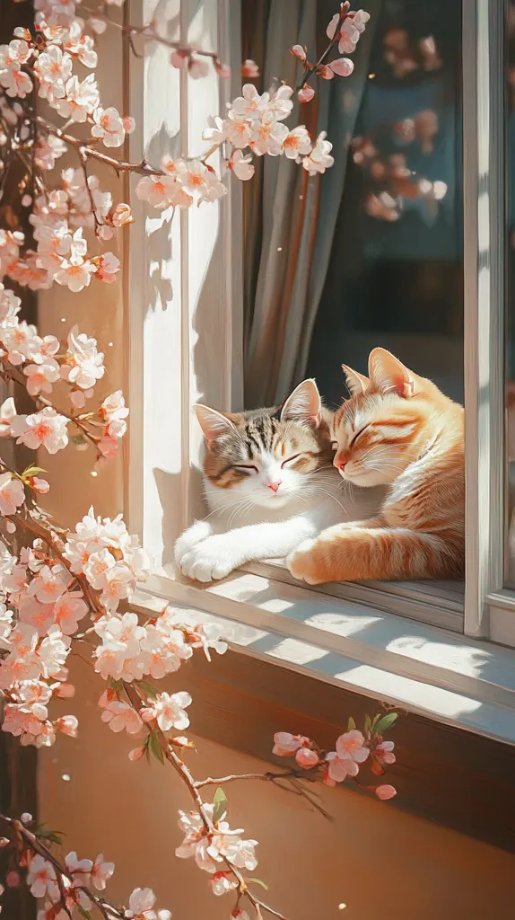Two cats, a calico and an orange tabby, cuddle together on a sunlit windowsill.  A blossoming cherry branch frames the scene, its delicate pink flowers adding to the peaceful, springtime atmosphere.  The warm light and soft colors create a serene and idyllic image of feline companionship.