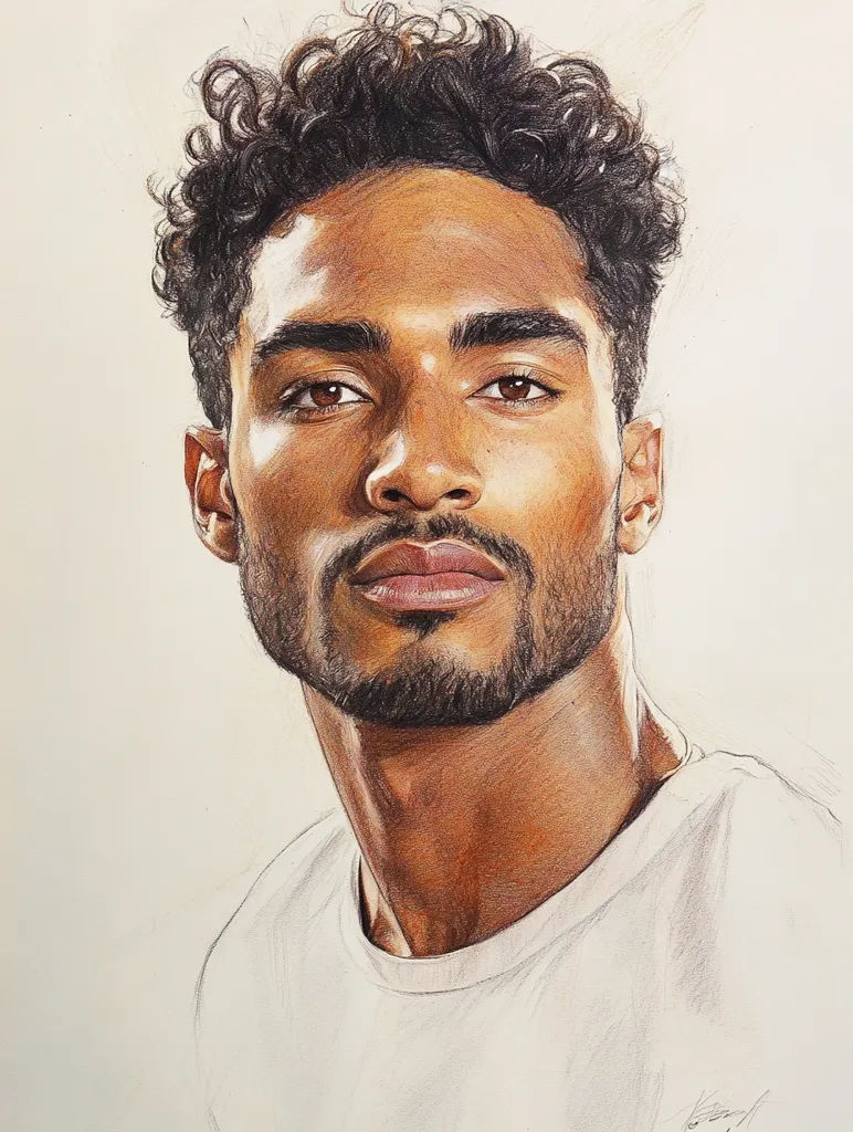 A detailed colored pencil drawing depicts a young man with dark, curly hair and a short, well-groomed beard. His skin tone is rich and warm, and his gaze is direct and engaging. He is wearing a simple, white crew-neck shirt. The artist's skill is evident in the nuanced shading and rendering of the subject's facial features and hair texture. The overall impression is one of striking realism and quiet intensity.